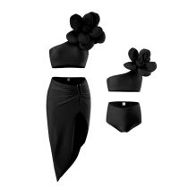 Fashion Black Polyester Three-dimensional Flower Parent-child Split Swimsuit
