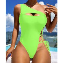Fashion Fluorescent Green Spandex One-shoulder Cutout Lace-up Swimsuit