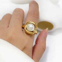 Fashion Gold Titanium Steel Square Pearl Ring