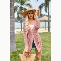 Fashion Mud Red V-neck See-through Knitted Cardigan Jacket