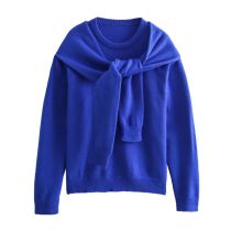 Fashion Navy Blue Polyester Knotted Pullover Knitted Sweater