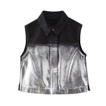 Fashion Silver Metallic Color-block Lapel Buttoned Vest Jacket