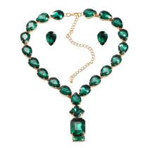 Fashion Green Copper Set With Pear-shaped Diamond Necklace And Earrings Set