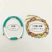 Fashion 9# Stainless Steel Drip Oil Geometric Double-layer Chain Polymer Ceramic Crystal Beaded Bracelet Set