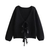 Fashion Black Sequined Bow-embellished Sweater Cardigan