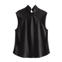 Fashion Black Silk-satin Pleated Top