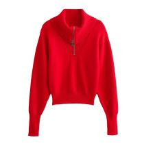 Fashion Red Knitted Sweater With Zip