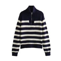Fashion Navy Stripes Striped Knitted Zip-up Sweater