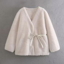 Fashion White Faux Mink Suede Lace-up Jacket