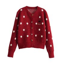 Fashion Red Polka Dot Jacquard Crew Neck Knitted Sweater Cardigan