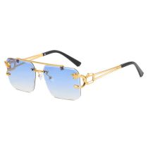 Fashion Double Blue Leopard Rimless Cut-edge Double Bridge Square Sunglasses