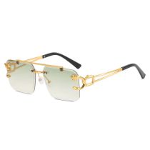 Fashion Double Olive Green Leopard Rimless Cut-edge Double Bridge Square Sunglasses