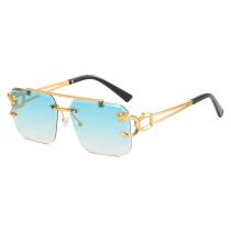 Fashion Double Blue Green Leopard Rimless Cut-edge Double Bridge Square Sunglasses