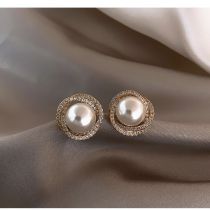 Fashion 34# Alloy Diamond Pearl Round Stud Earrings