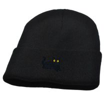 Fashion Black Black Cat Embroidered Knitted Beanie