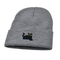 Fashion Medium Hemp Gray Black Cat Embroidered Knitted Beanie