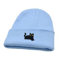 Fashion Sky Blue Black Cat Embroidered Knitted Beanie