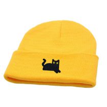 Fashion Yellow Black Cat Embroidered Knitted Beanie