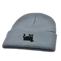 Fashion Grey Black Cat Embroidered Knitted Beanie