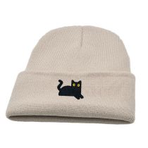 Fashion Beige Black Cat Embroidered Knitted Beanie
