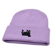 Fashion Light Purple Black Cat Embroidered Knitted Beanie