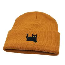 Fashion Caramel Colour Black Cat Embroidered Knitted Beanie