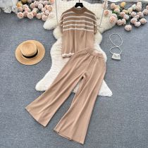 Fashion Camel Striped Knitted Short-sleeved Top High-waisted Wide-leg Pants Suit