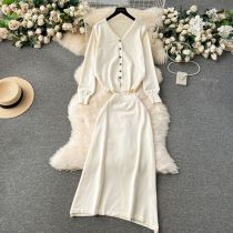 Fashion Apricot Spandex Knitted Cardigan Skirt Knitted Suit