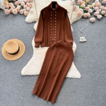 Fashion Brown Spandex Long Sleeve Stand Collar Cardigan Sweater Skirt Suit