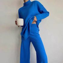 Fashion Blue Spandex Knitted Half-turtleneck Long-sleeved Sweater Wide-leg Pants Suit
