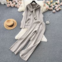 Fashion Oatmeal Color Spandex Knitted Shawl Sweater Wide-leg Pants Three-piece Set