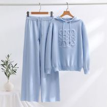Fashion Light Blue Spandex Embossed Hooded Sweater Wide-leg Trousers Set