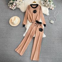 Fashion Khaki Spandex Camellia Embroidered Crew Neck Knitted Top High-waisted Wide-leg Pants Suit