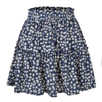 Fashion Navy Blue Polyester Printed High Waist Skirt