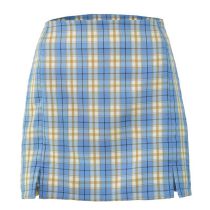 Fashion Blue Polyester Plaid Slit Skirt