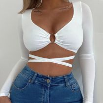 Fashion White Strappy Hollow V-neck Long-sleeved T-shirt