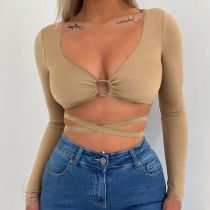 Fashion Beige Strappy Hollow V-neck Long-sleeved T-shirt