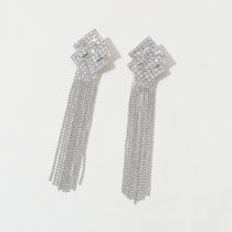 Fashion Silver Metal Diamond-shaped Rhombus Tassel Earrings