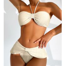 Fashion Beige Polyester Pleated Halterneck Tankini Swimsuit Bikini