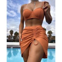 Fashion Orange Color Polyester Tankini Swimsuit Bikini Drawstring Three Piece Set