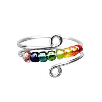 Fashion 8 Color Beads Silver Stainless Steel Double Layer Rotatable Ball Ring