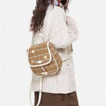 Fashion Khaki Fabric Plaid Large Capacity Backpack