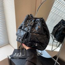 Fashion Black Pu Diamond Drawstring Large Capacity Backpack