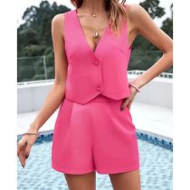 Fashion Rose Red Polyester Buttoned Suit Vest And Shorts Set