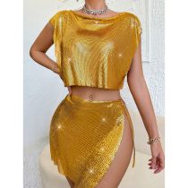 Fashion Gold Metallic Sequin Top Slit Skirt