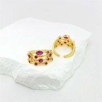 Fashion Rose Red Oil Dripping Gold Plated Copper Multi-layered Open Ring With Diamonds