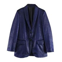 Fashion Blue Velvet Lapel Blazer With Pockets