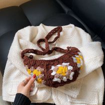 Fashion Coffee Color Woven Flower Crossbody Bag