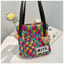 Fashion Rainbow Colored Finished Product Package Wool Knitted Bear Patch Shoulder Bag