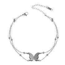 Fashion Silver Titanium Steel Double Layer Butterfly Pendant Bead Bracelet